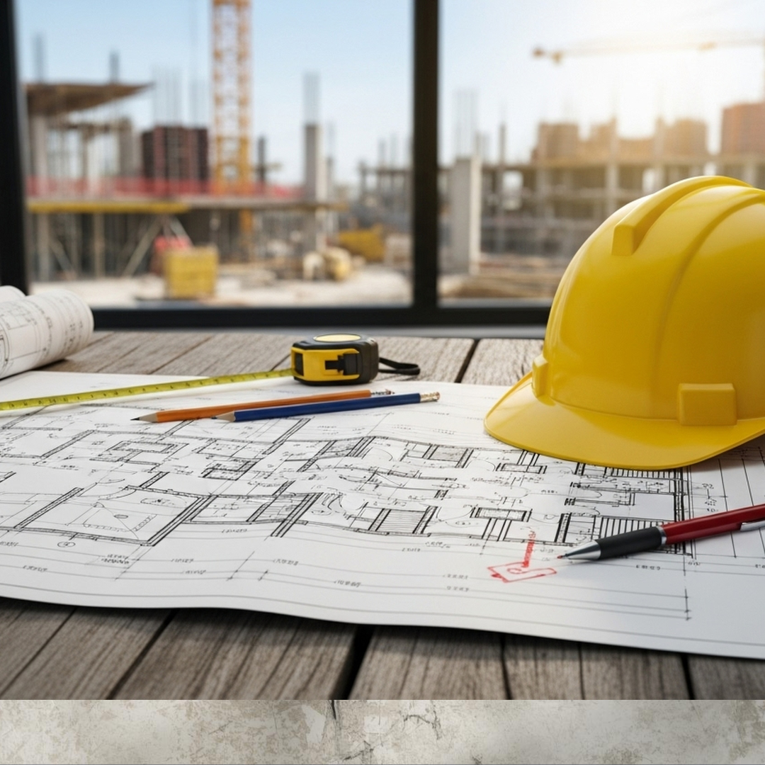 Baustelle - Architekten und Handwerker Grundrissplan auf der Baustelle