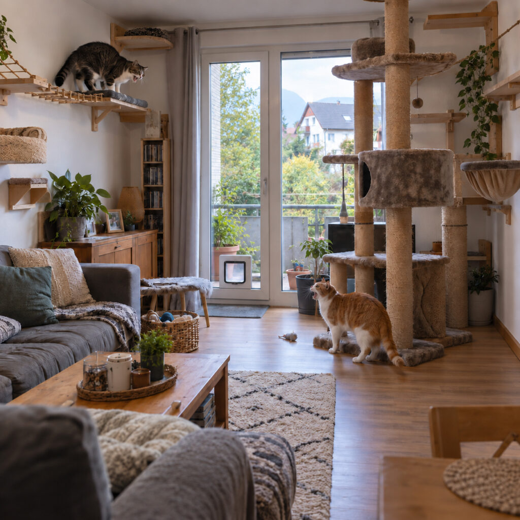 Zwei Katzen mit Kratzbaum und Laufwegen in einem vollständig auf die Tiere eingerichteten Wohnzimmer 