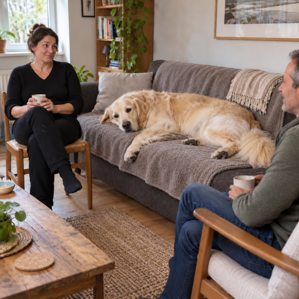 Großer heller Hund belegt die Couch, während Besucher auf Stühlen sitzen 