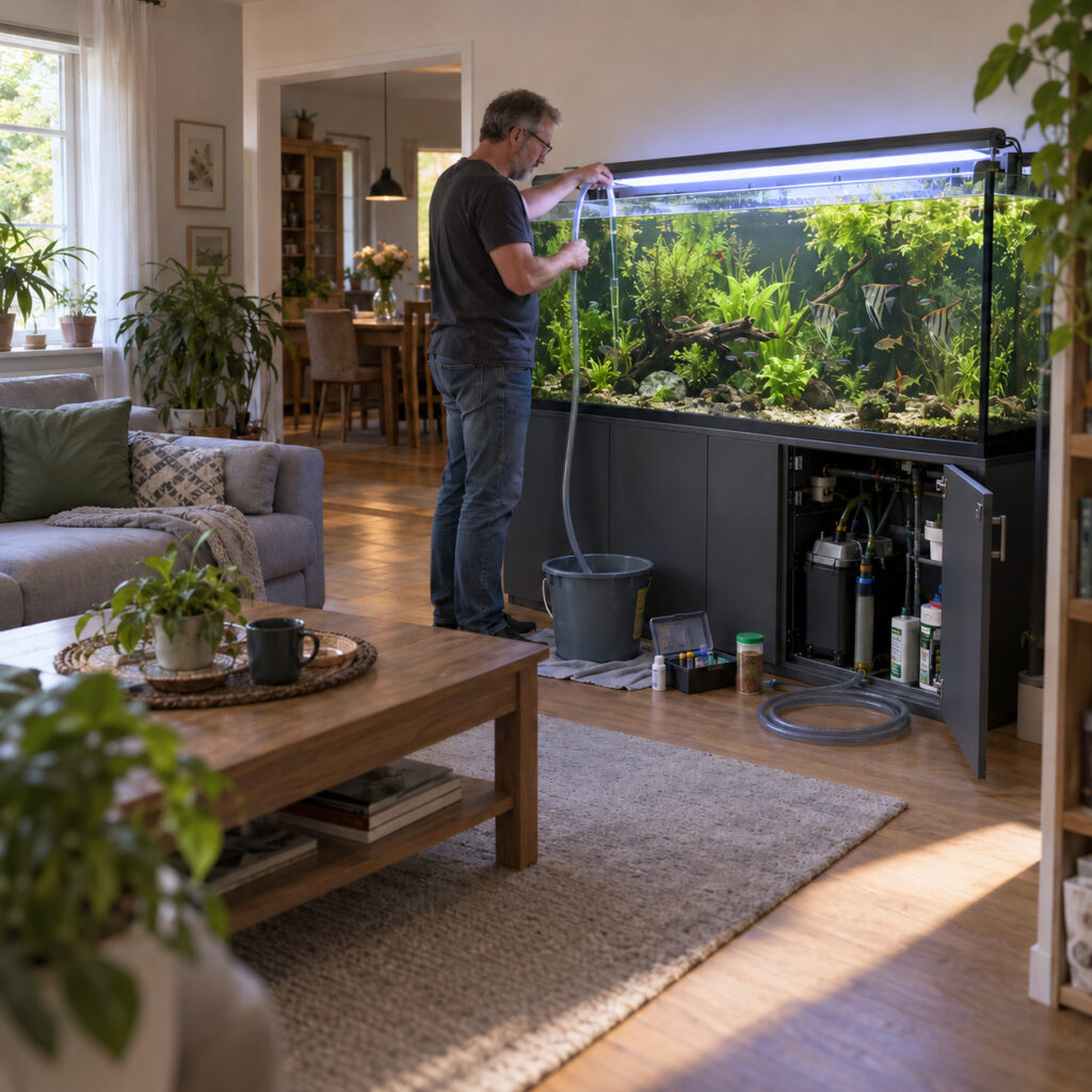 Großes Aquarium im Wohnzimmer mit Filtertechnik und Zubehör beim Wasserwechsel 