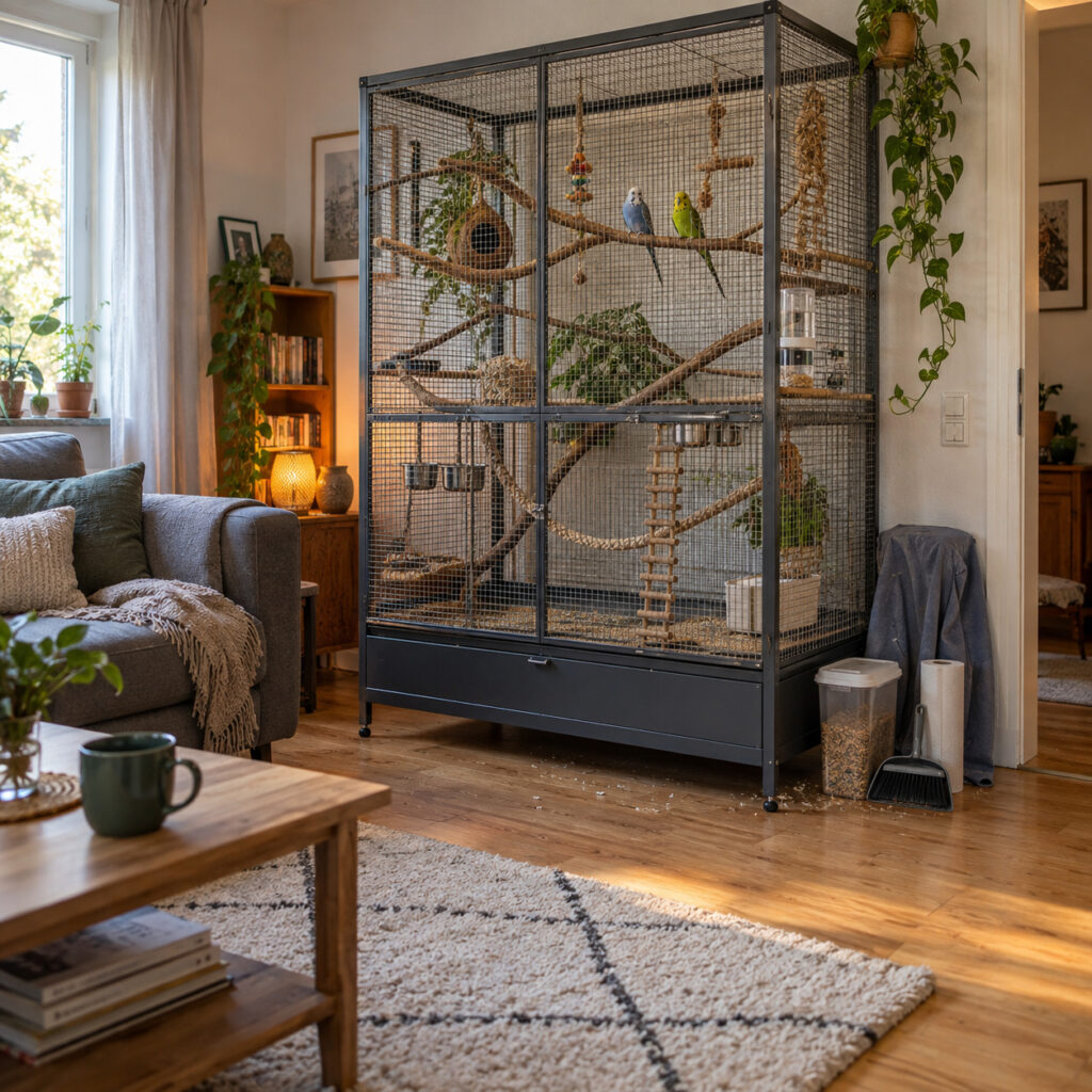 Große Voliere mit zwei Wellensittichen beansprucht viel Platz im Wohnzimmer 