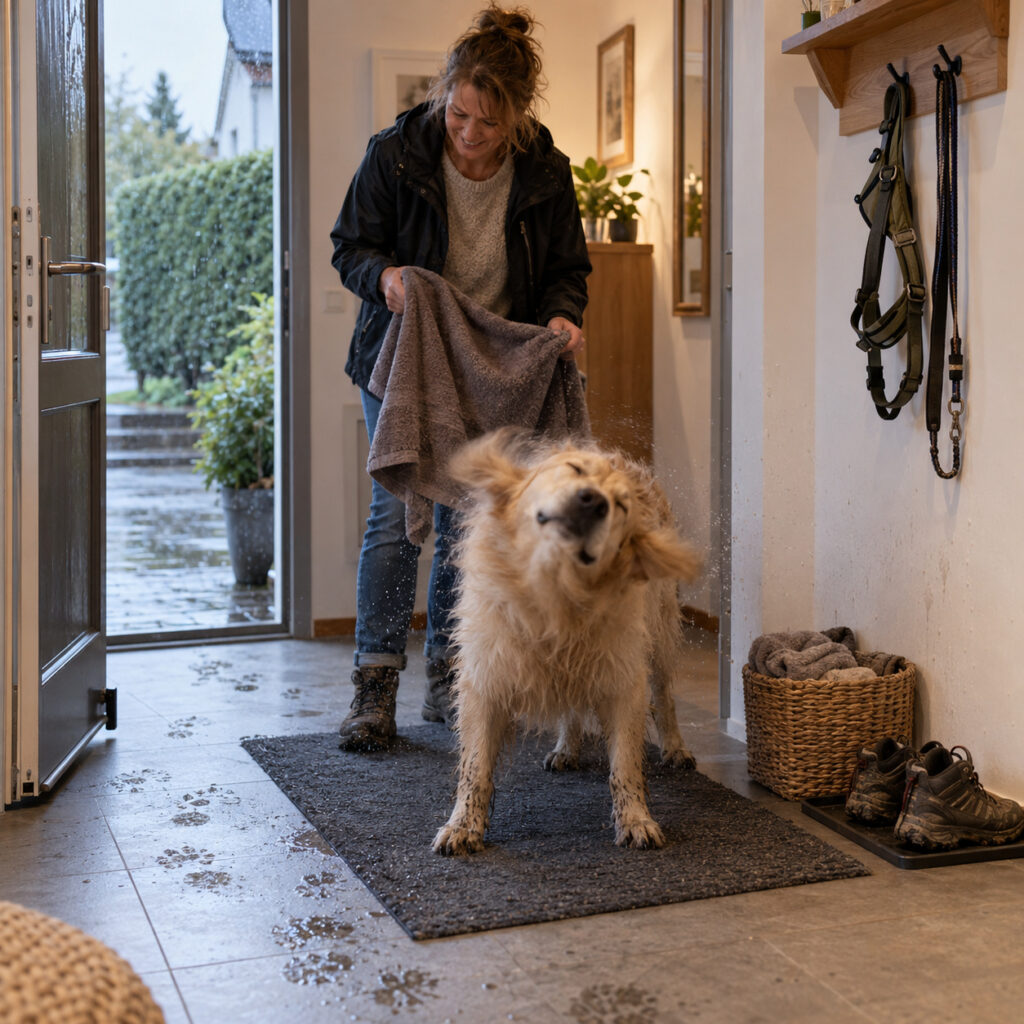 Nasser Hund schüttelt sich nach dem Spaziergang im Eingangsbereich 