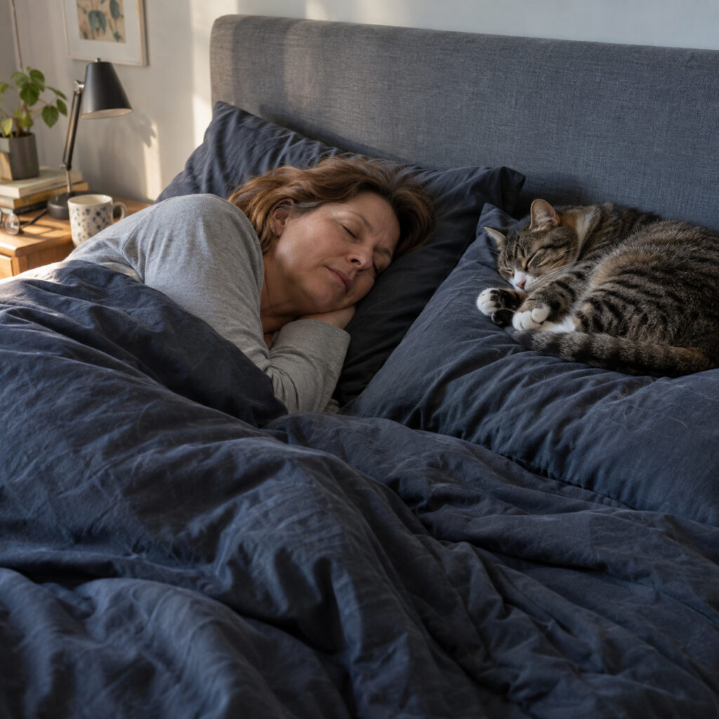 Katze schläft unmittelbar neben einer Frau im Bett 
