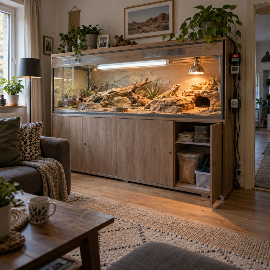 Großes Terrarium mit Beleuchtung, Wärmetechnik und Zubehör im Wohnzimmer 