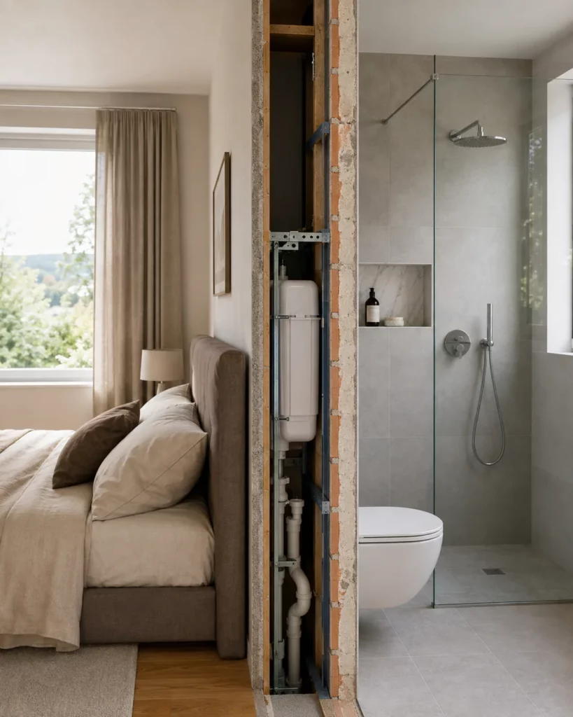 Installationswand zwischen Bad und Schlafzimmer bei der Badplanung