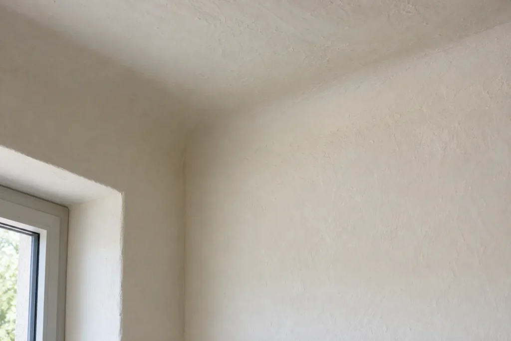 Gerundeter Putzübergang als Hohlkehle zwischen Wand und Decke neben einem Fenster