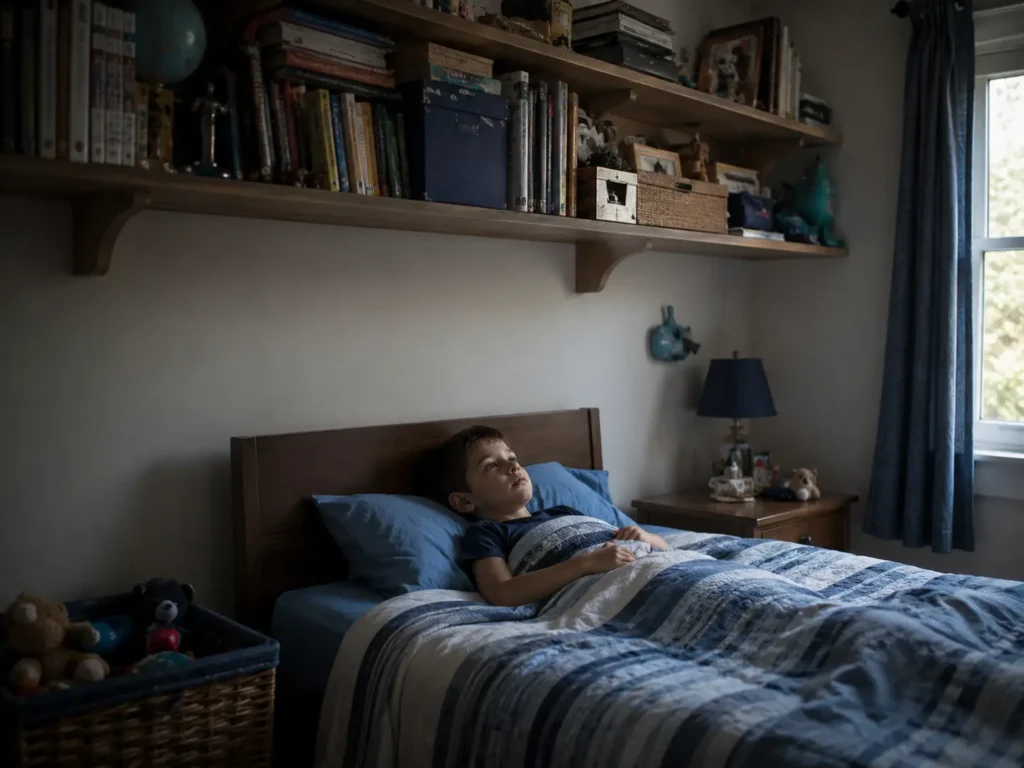 Vollgestelltes Wandregal direkt über einem Kinderbett mit darin liegendem Kind