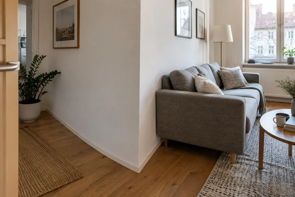 Vorspringende scharfe Wandecke direkt neben einem Sofa im Wohnzimmer