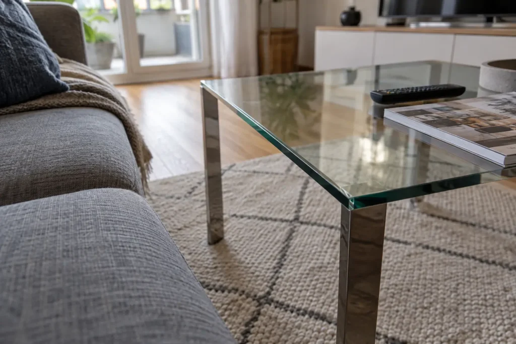 Gläserner Couchtisch mit scharfer Ecke unmittelbar vor einem Sofa