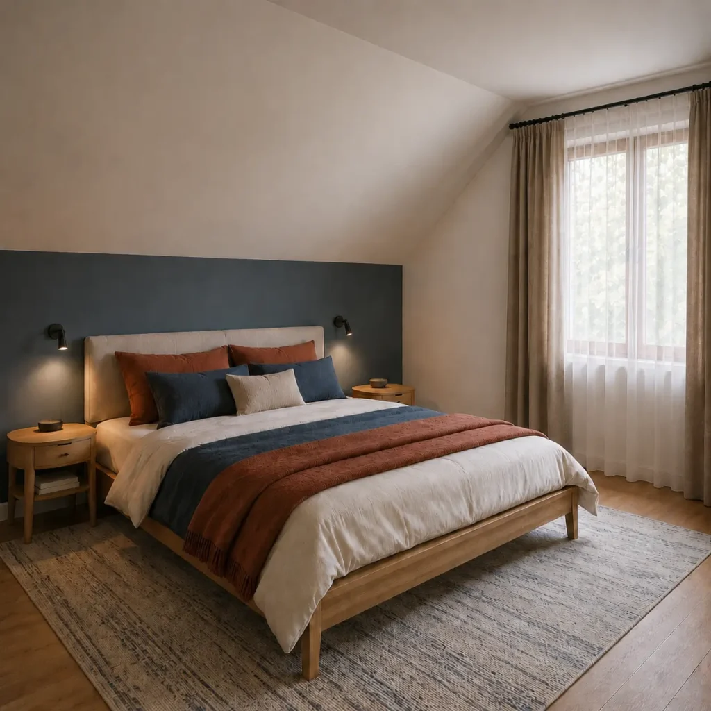 Fertiges Schlafzimmer unter einer Dachschräge mit blaugrauer Vorsatzschale hinter dem Bett