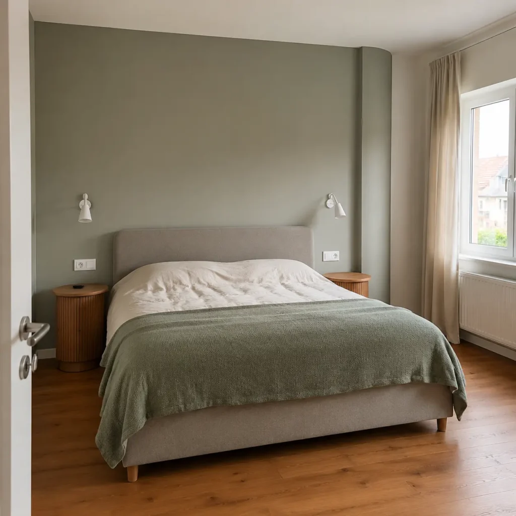 Schlafzimmer mit durchgehender grüner Vorsatzschale und gerundetem Abschluss hinter dem Bett
