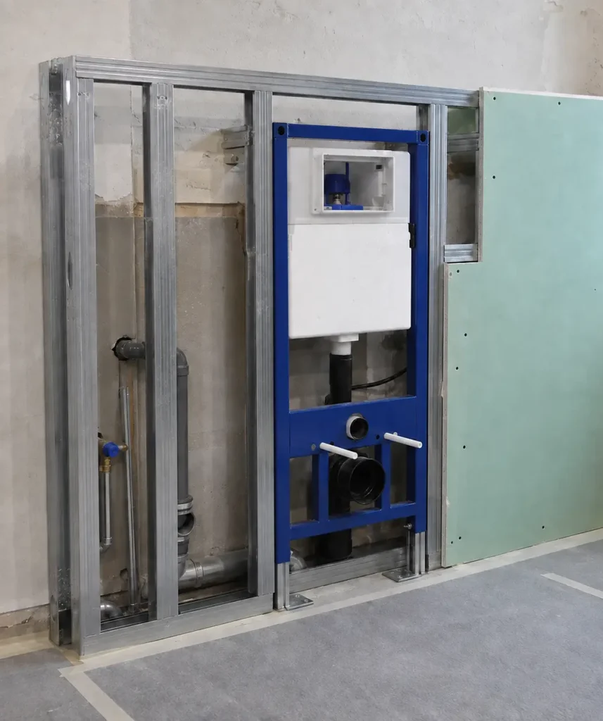 Vorsatzschale im Bad mit Sanitärtragständer für ein wandhängendes WC