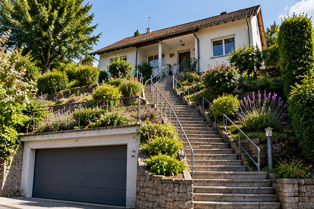 Einfamilienhaus in Hanglage mit Garage und langer Außentreppe zum Hauseingang.
