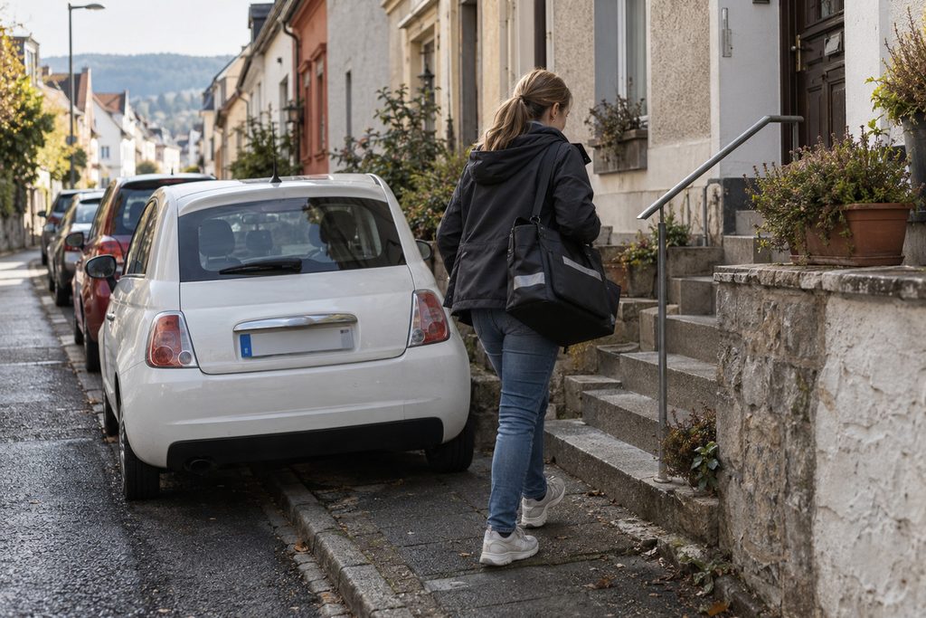 Pflegekraft mit Arbeitstasche auf dem Weg zu einem Wohnhaus in einer engen Straße.
