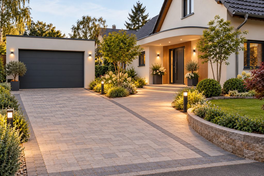 Einfamilienhaus mit Garage, direktem Gartenweg zum Hauseingang und gestalteten Außenanlagen