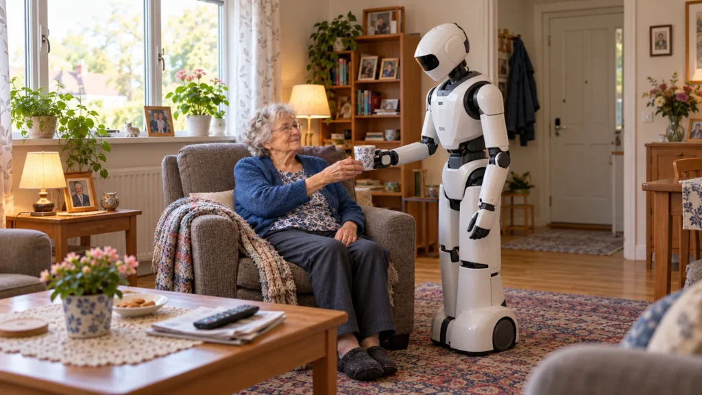 Ältere Frau erhält Unterstützung von einem humanoiden Pflegeroboter in ihrem Wohnzimmer. KI und Robotik als mögliche Zukunft des Wohnens im Alter.