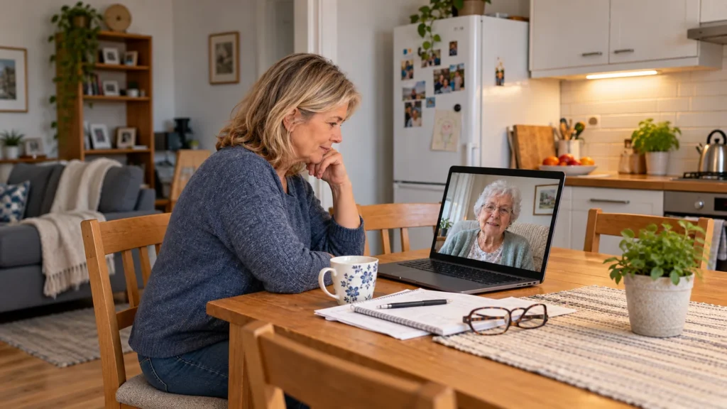 Erwachsene Tochter spricht per Videoanruf mit ihrer 80-jährigen Mutter über deren Alltag. Digitale Kommunikation zwischen Angehörigen im Alter.