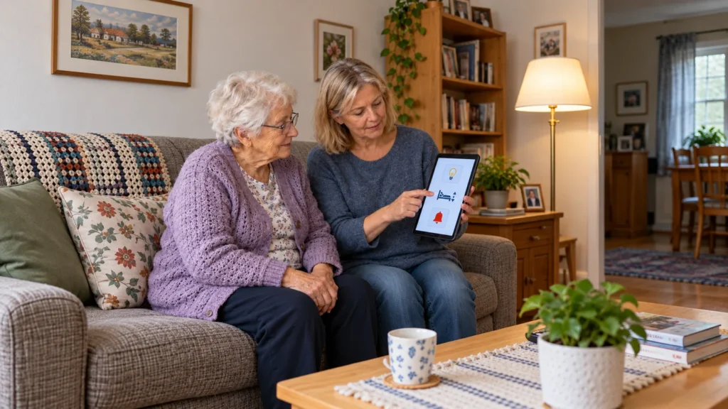 Ältere Frau und ihre Tochter bedienen gemeinsam eine Smart-Home-App auf einem Tablet, um technische Hilfsmittel im eigenen Zuhause zu steuern.
