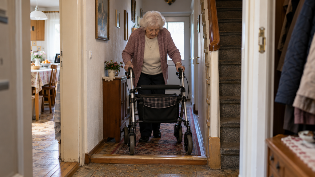 Ältere Frau mit Rollator, die sich mit den unterschiedenen Bodenhöhen abmüht